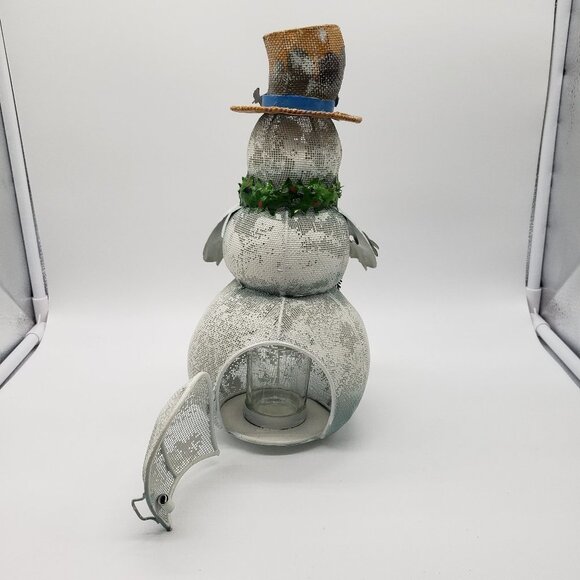Metal Christmas Smiling Snowman Holding Wreath Bird on Hat Votive Candle Decor - Picture 10 of 11